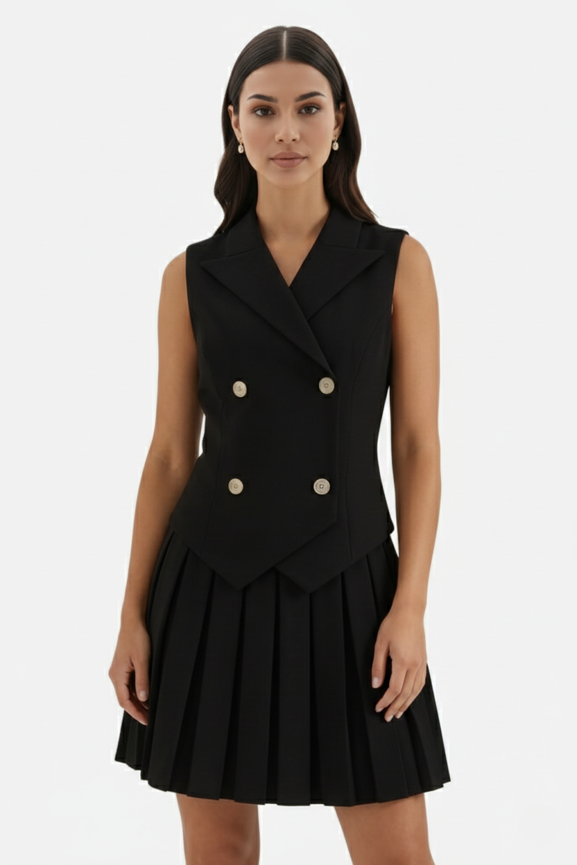 Double-Breasted Waistcoat Pleated Mini Dress - Siopie