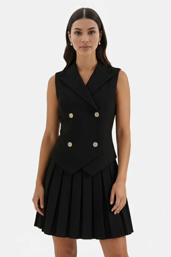 Double-Breasted Waistcoat Pleated Mini Dress - Siopie