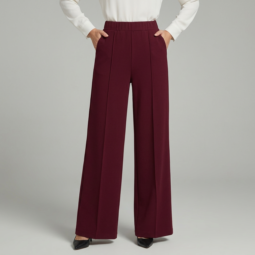Sorvienne Flowing High Waisted Wide Leg Trousers in Burgundy