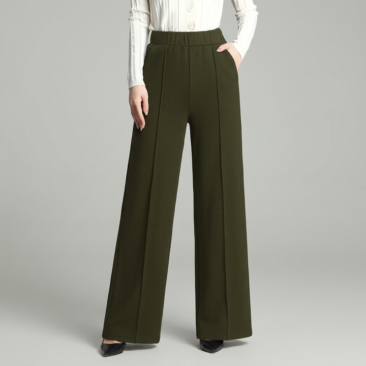 Sorvienne Flowing High Waisted Wide Leg Trousers in Olive