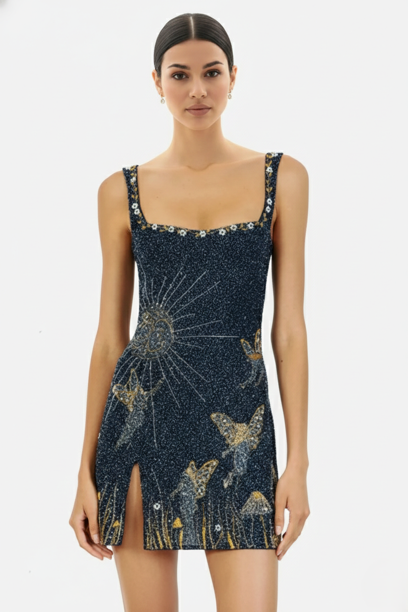 Celestial Butterfly Embroidered Square Neck Mini Dress with Slit - Siopie