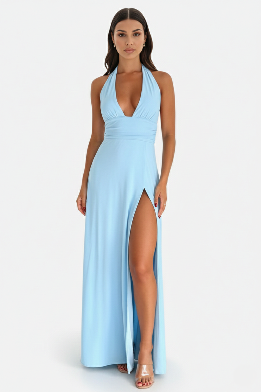 Halter V-Neck Cross Back Bow Tie High Thigh Slit Maxi Dress - Siopie