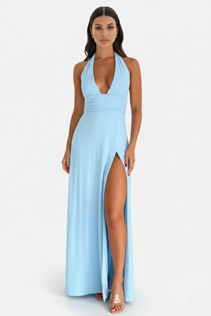 Halter V-Neck Cross Back Bow Tie High Thigh Slit Maxi Dress - Siopie