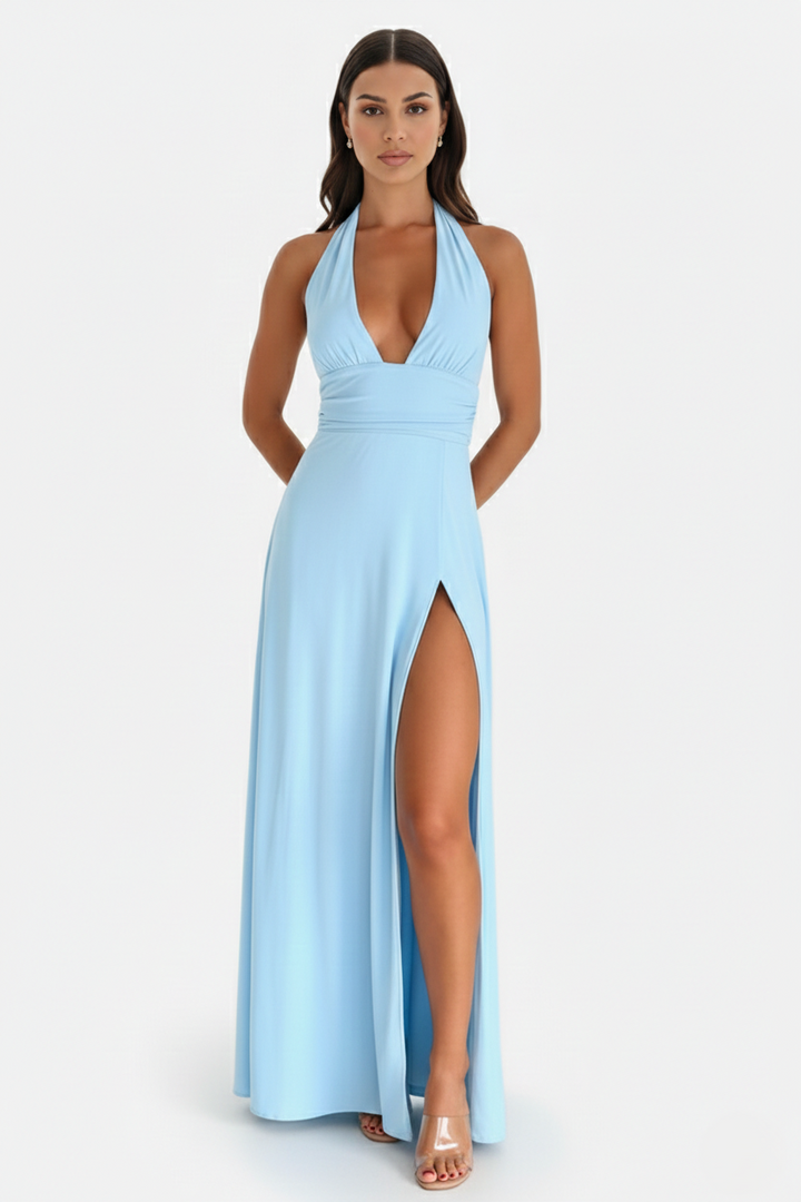 Halter V-Neck Cross Back Bow Tie High Thigh Slit Maxi Dress - Siopie