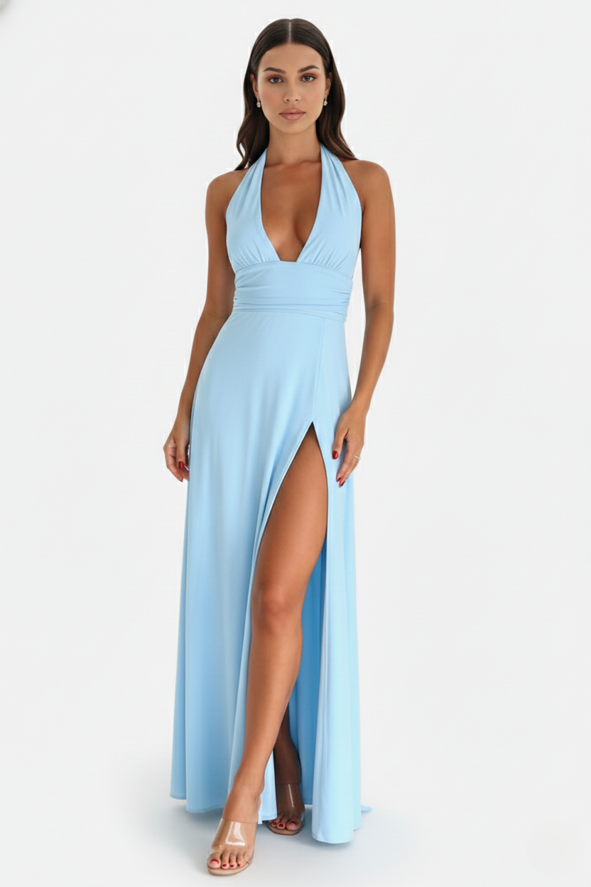 Halter V-Neck Cross Back Bow Tie High Thigh Slit Maxi Dress - Siopie