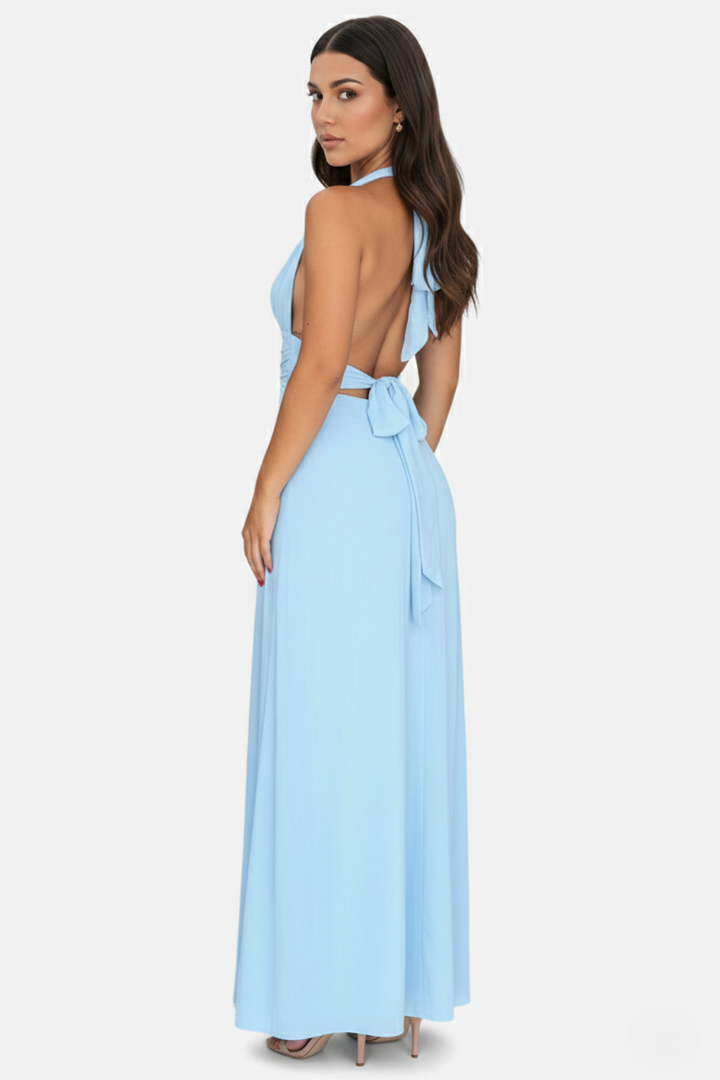 Halter V-Neck Cross Back Bow Tie High Thigh Slit Maxi Dress - Siopie