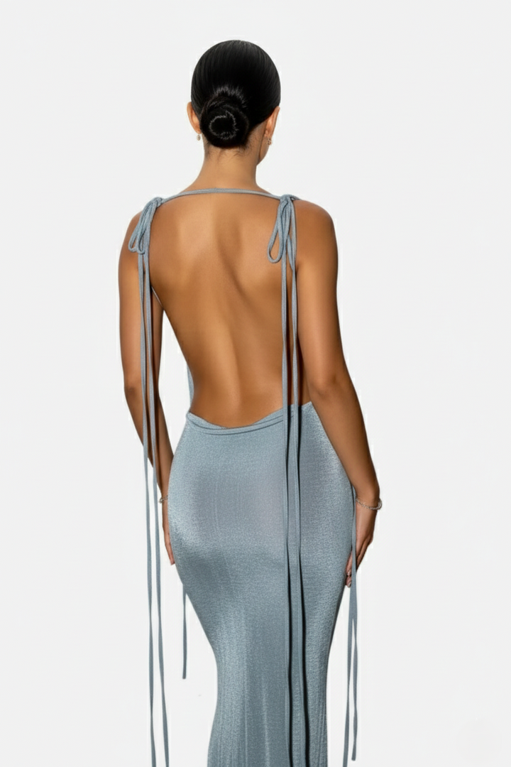Spaghetti Strap Backless Maxi Dress Long Tie Back - Siopie