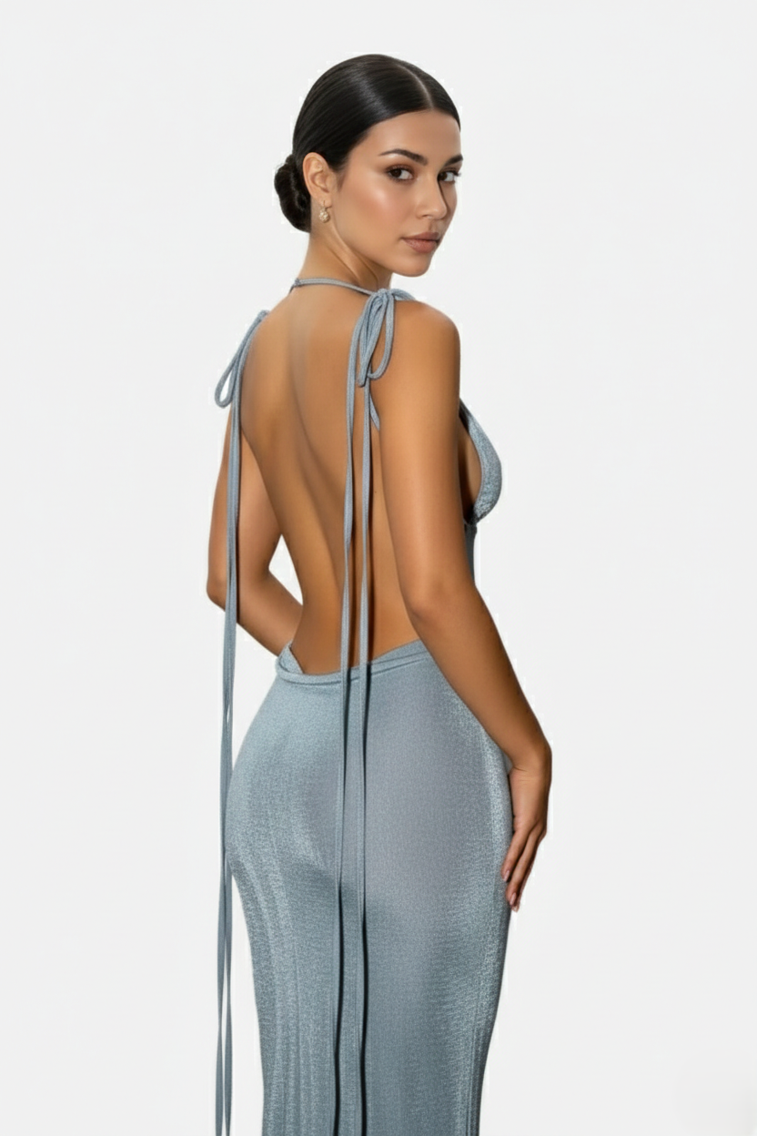 Spaghetti Strap Backless Maxi Dress Long Tie Back - Siopie