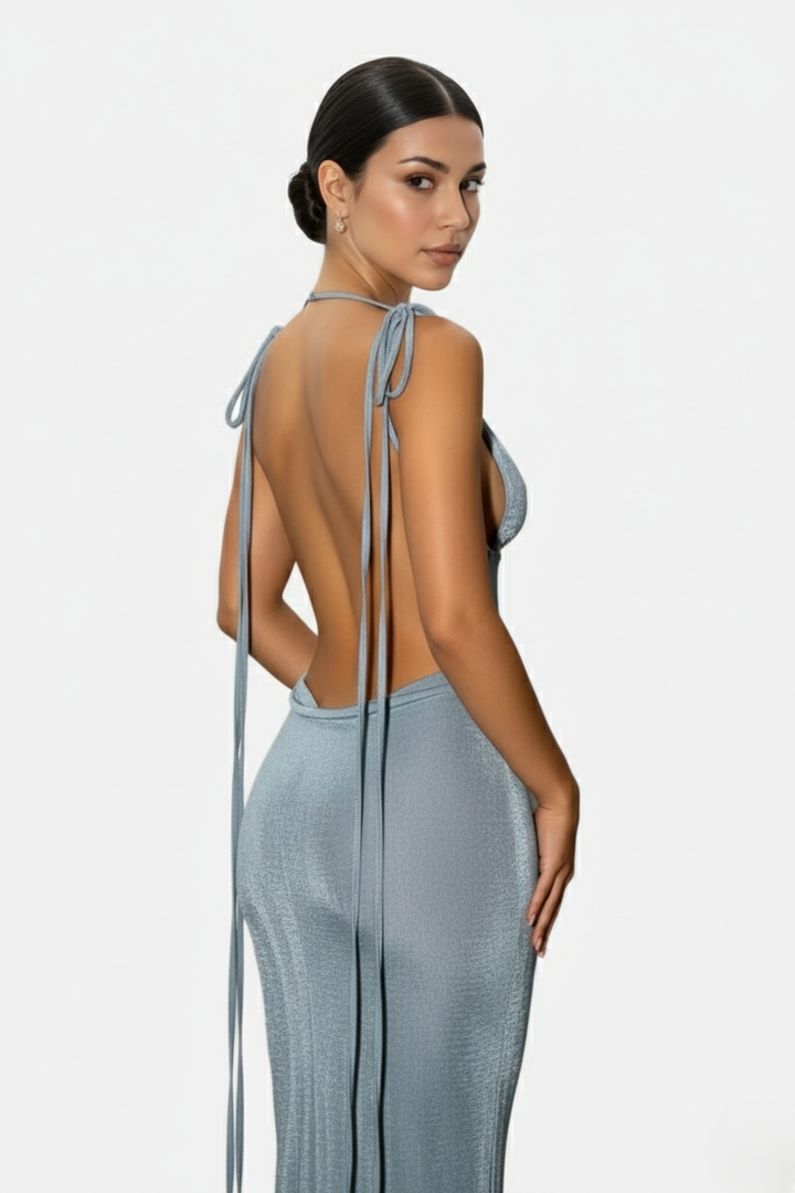 Spaghetti Strap Backless Maxi Dress Long Tie Back - Siopie