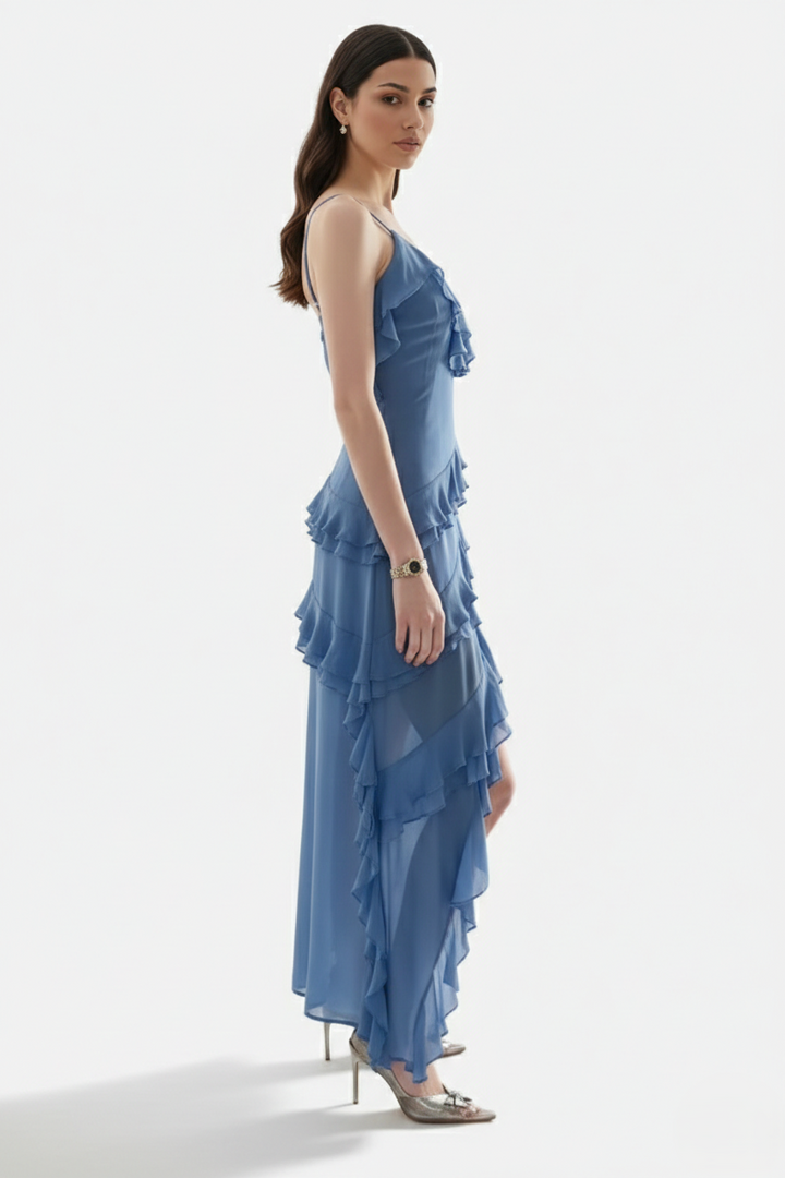 Asymmetric Tiered Ruffle Chiffon Spaghetti Strap High-Low Midi Dress - Siopie