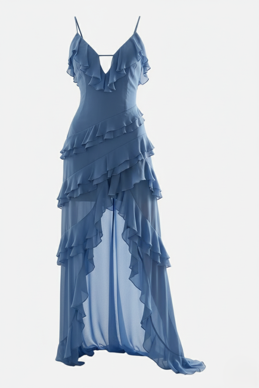 Asymmetric Tiered Ruffle Chiffon Spaghetti Strap High-Low Midi Dress - Siopie