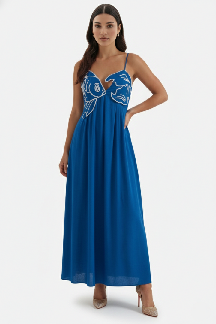 Summer Linen Dress Embroidered Fish Bodice A-Line with Spaghetti Straps - Siopie
