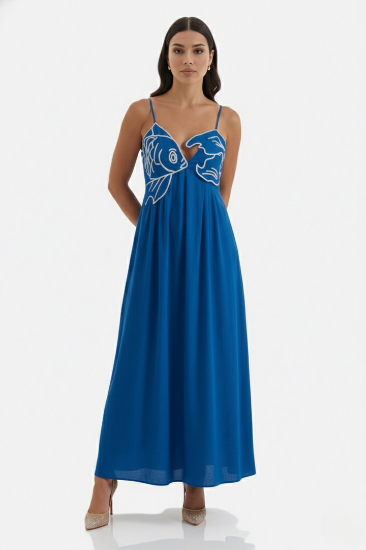 Summer Linen Dress Embroidered Fish Bodice A-Line with Spaghetti Straps - Siopie