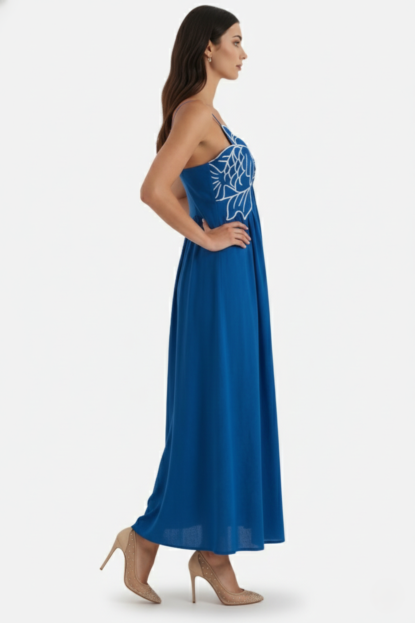 Summer Linen Dress Embroidered Fish Bodice A-Line with Spaghetti Straps - Siopie