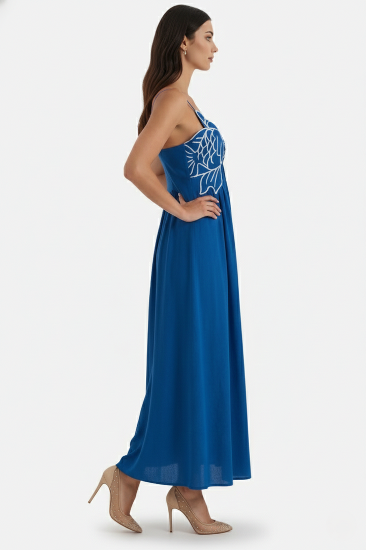 Summer Linen Dress Embroidered Fish Bodice A-Line with Spaghetti Straps - Siopie