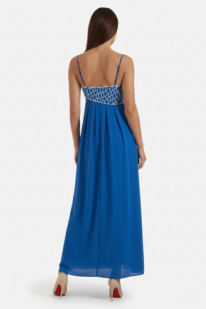Summer Linen Dress Embroidered Fish Bodice A-Line with Spaghetti Straps - Siopie