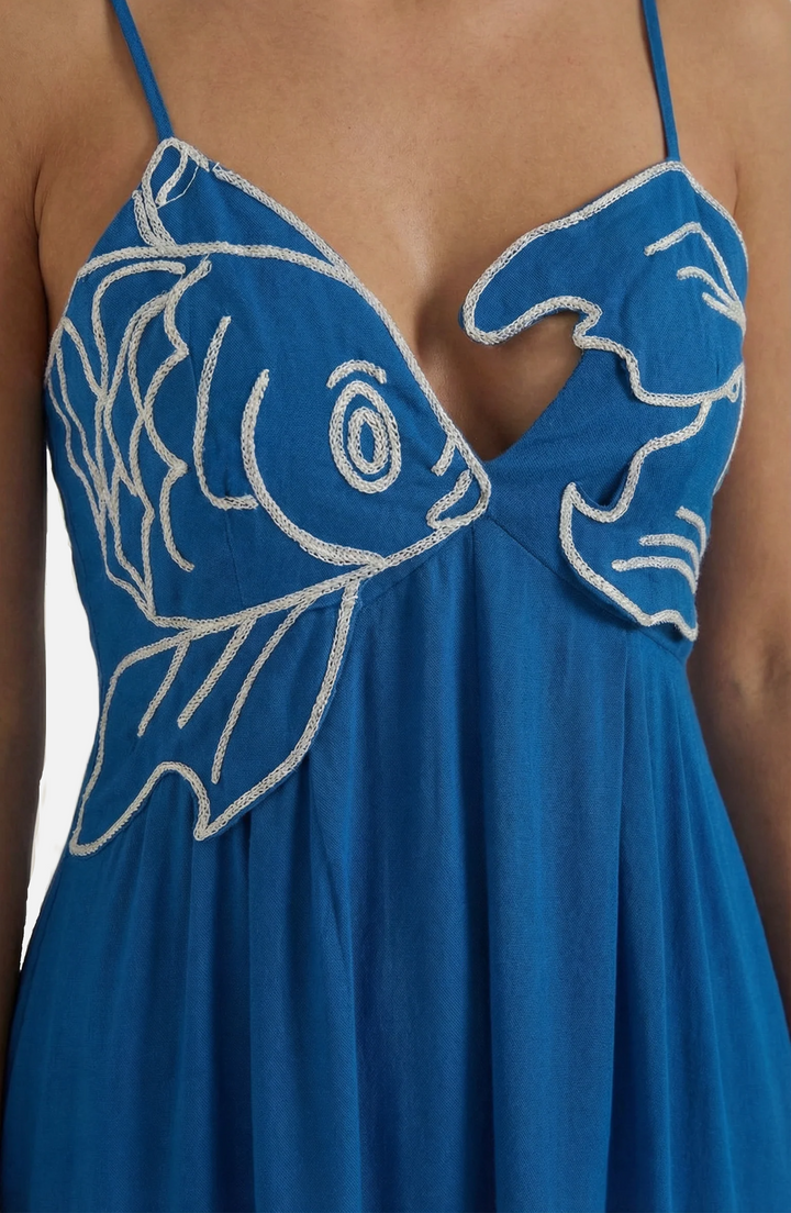 Summer Linen Dress Embroidered Fish Bodice A-Line with Spaghetti Straps - Siopie