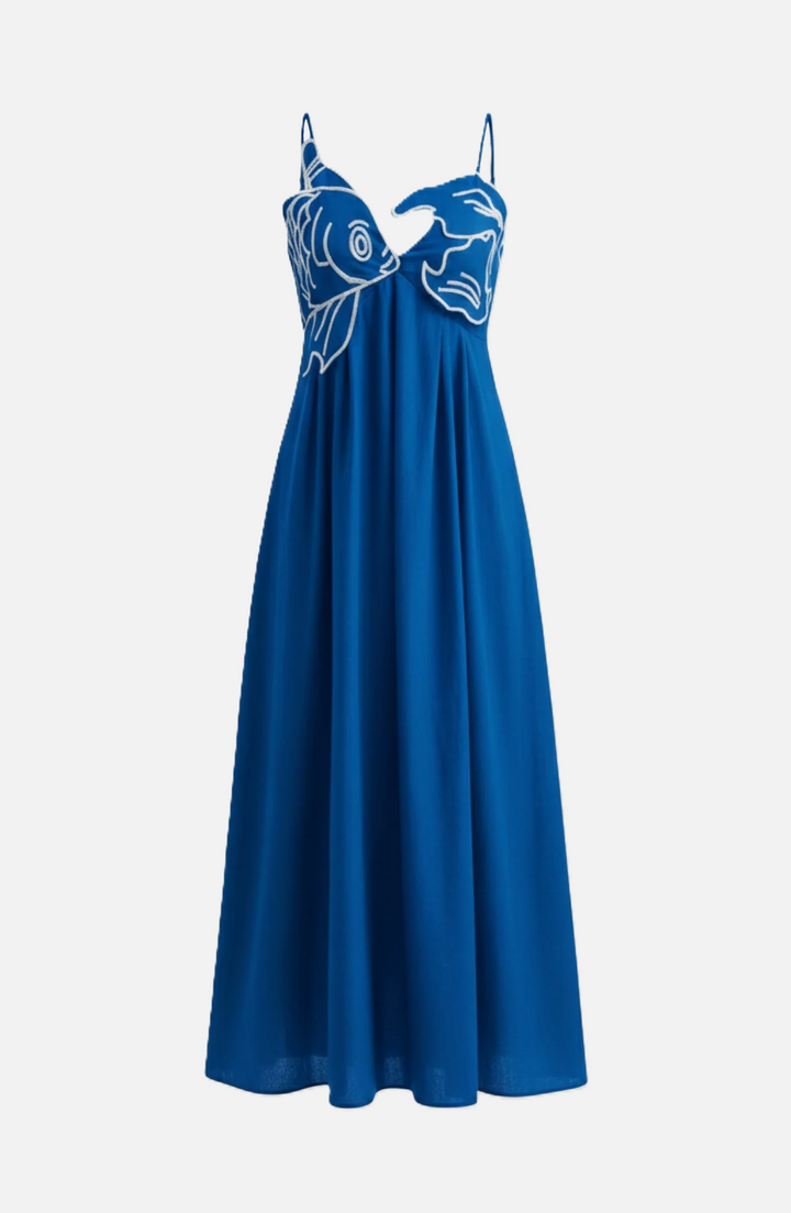 Summer Linen Dress Embroidered Fish Bodice A-Line with Spaghetti Straps - Siopie