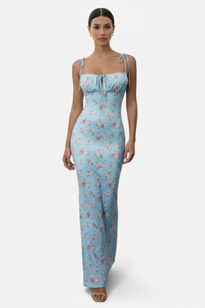 Floral Spaghetti Strap Bodycon Mermaid Maxi Dress Ruched Bodice - Siopie