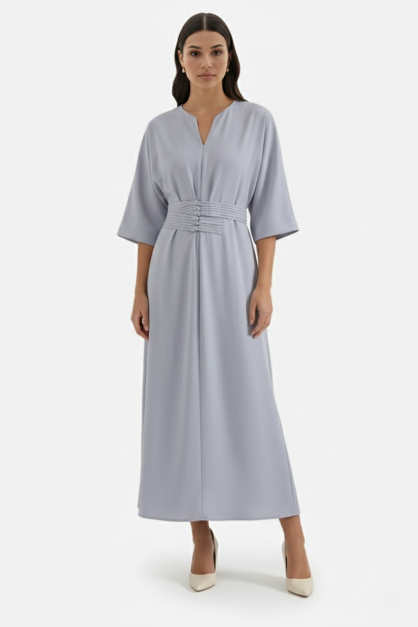 Kaftan Dress with Split Neckline and Pleated Cinch Waist - Siopie