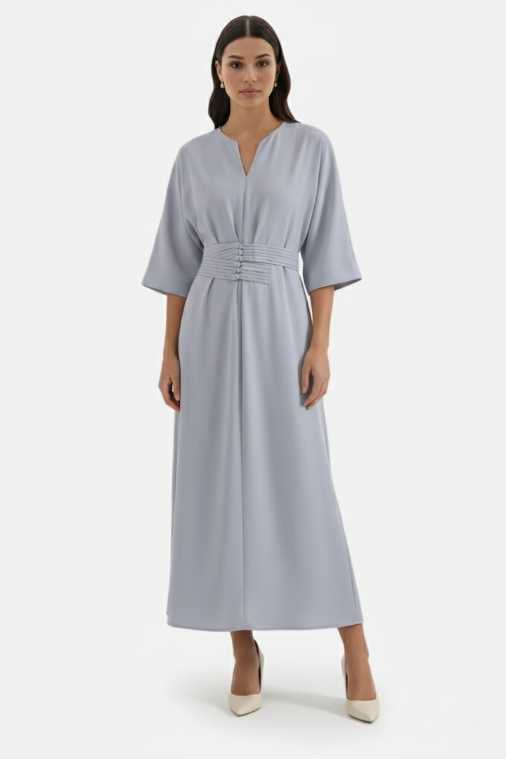 Kaftan Dress with Split Neckline and Pleated Cinch Waist - Siopie