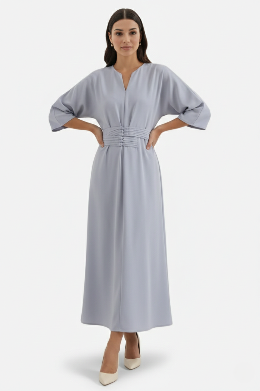 Kaftan Dress with Split Neckline and Pleated Cinch Waist - Siopie