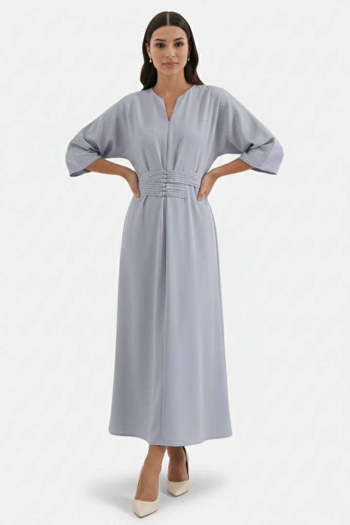 Kaftan Dress with Split Neckline and Pleated Cinch Waist - Siopie