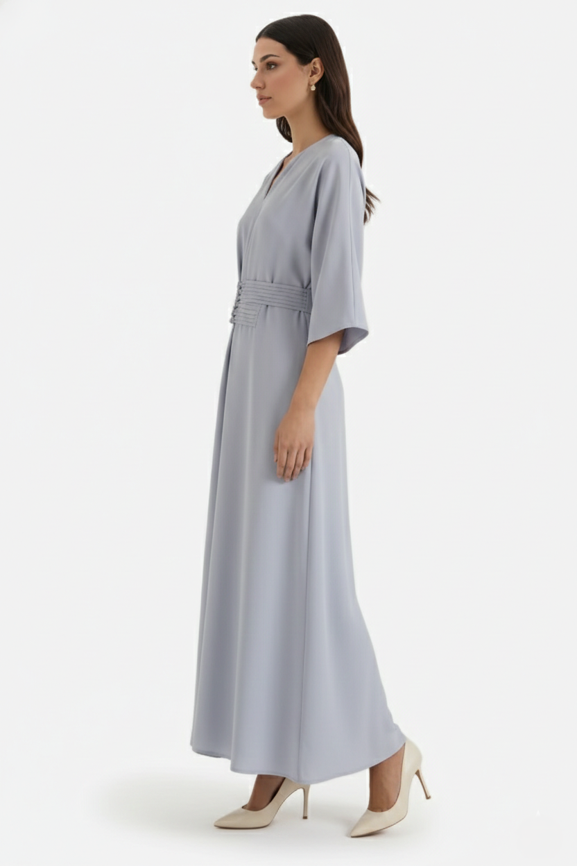 Kaftan Dress with Split Neckline and Pleated Cinch Waist - Siopie