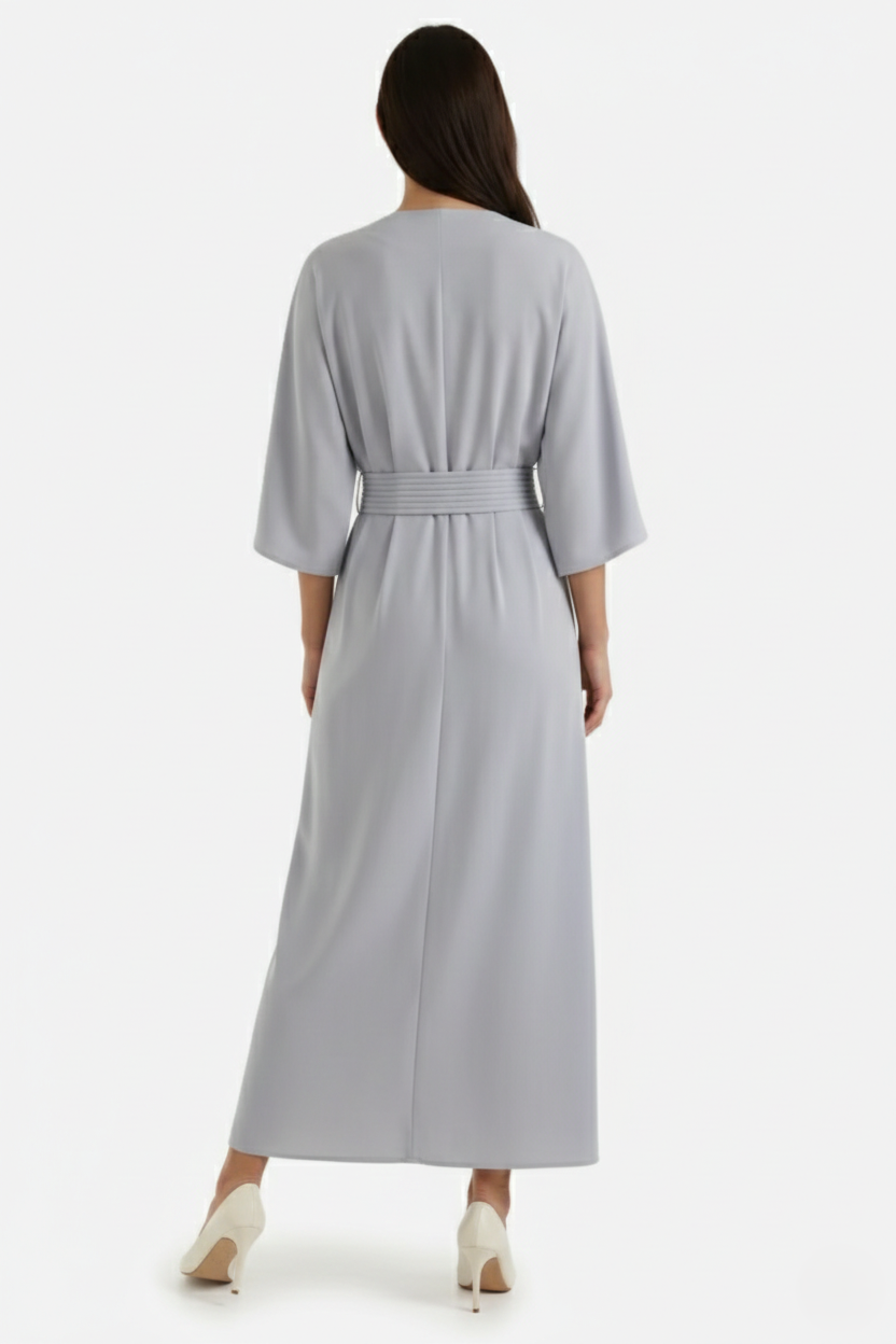 Kaftan Dress with Split Neckline and Pleated Cinch Waist - Siopie