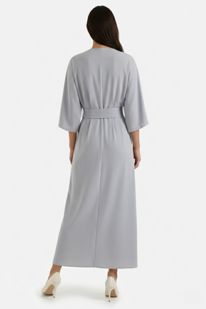 Kaftan Dress with Split Neckline and Pleated Cinch Waist - Siopie
