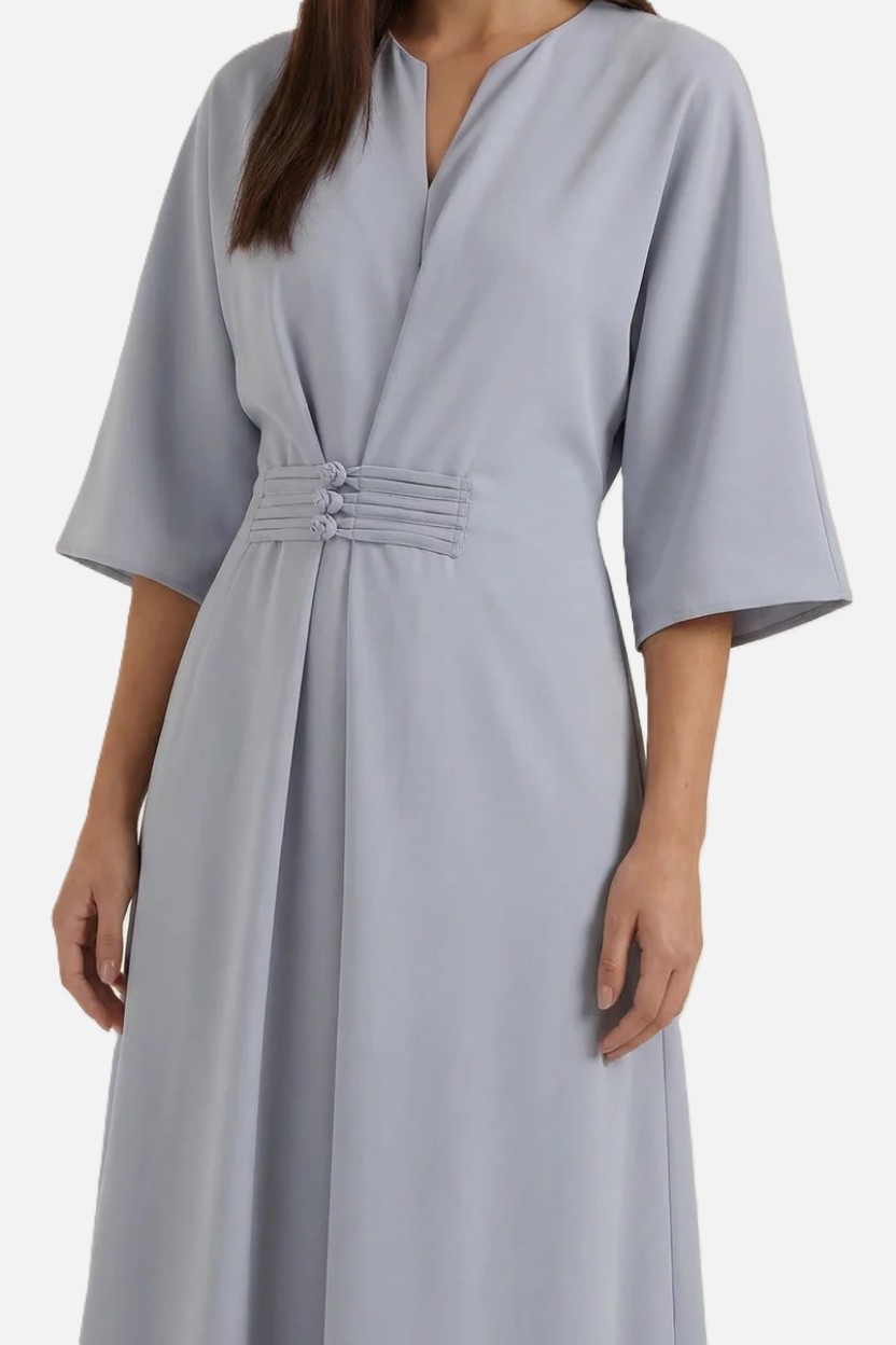 Kaftan Dress with Split Neckline and Pleated Cinch Waist - Siopie