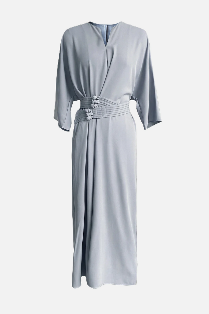 Kaftan Dress with Split Neckline and Pleated Cinch Waist - Siopie