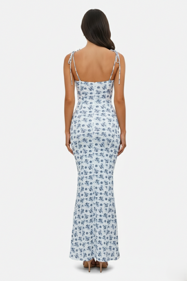 Floral Spaghetti Strap Bodycon Mermaid Maxi Dress Ruched Bodice - Siopie
