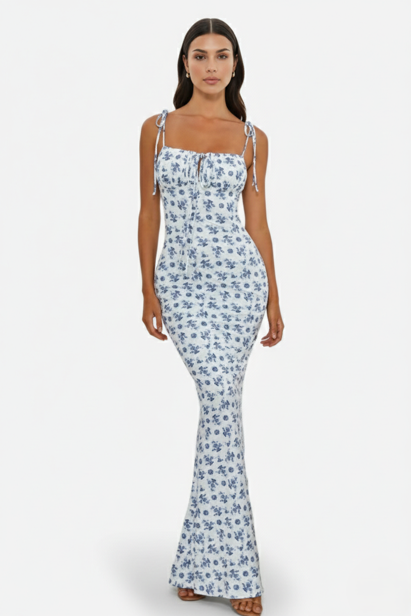 Floral Spaghetti Strap Bodycon Mermaid Maxi Dress Ruched Bodice - Siopie