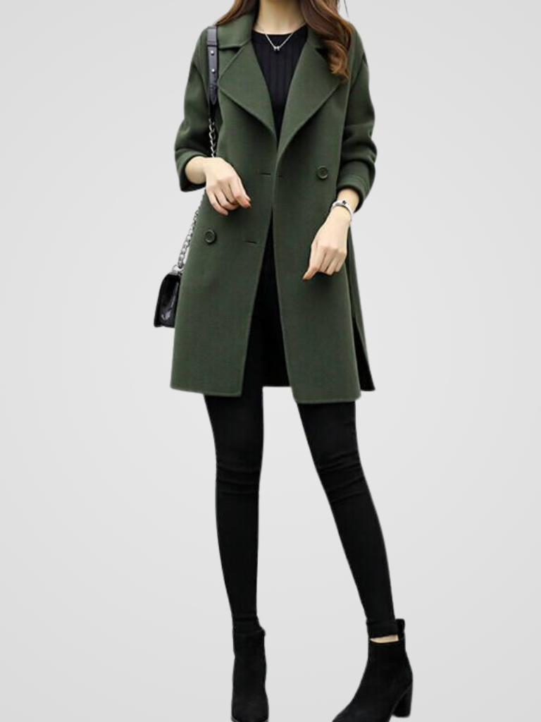 Sorvienne Tailored Double Breasted Midi Coat in Olive