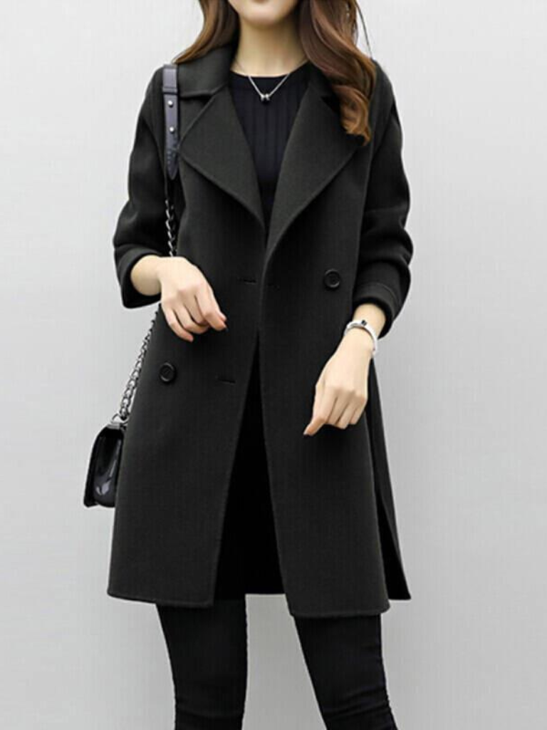 Sorvienne Tailored Double Breasted Midi Coat in Black
