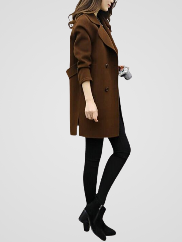 Sorvienne Tailored Double Breasted Midi Coat in Brown