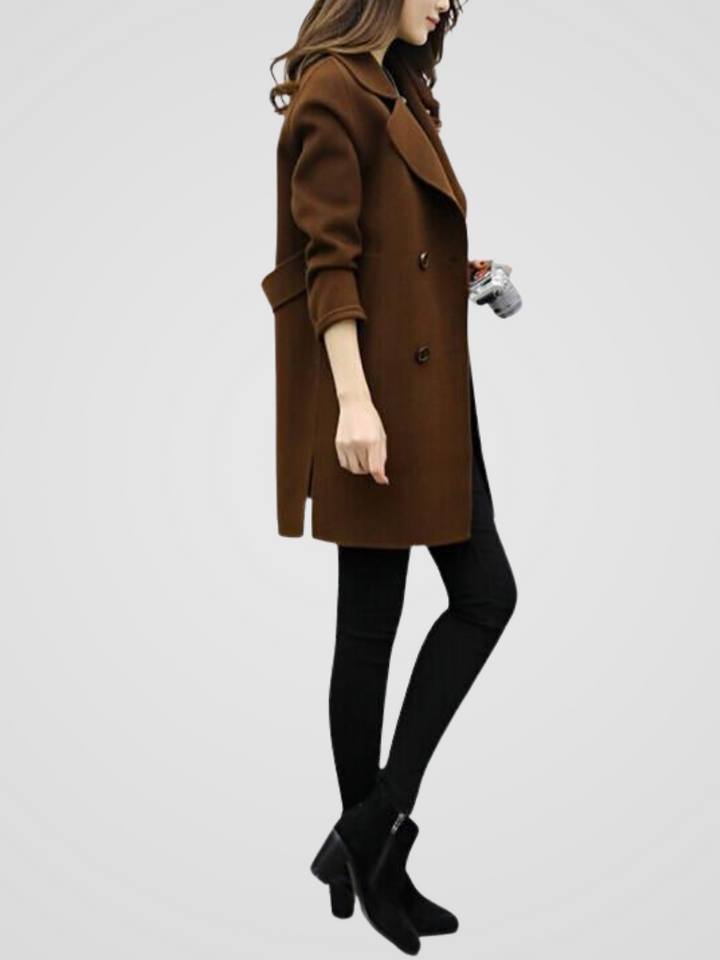 Sorvienne Tailored Double Breasted Midi Coat in Brown