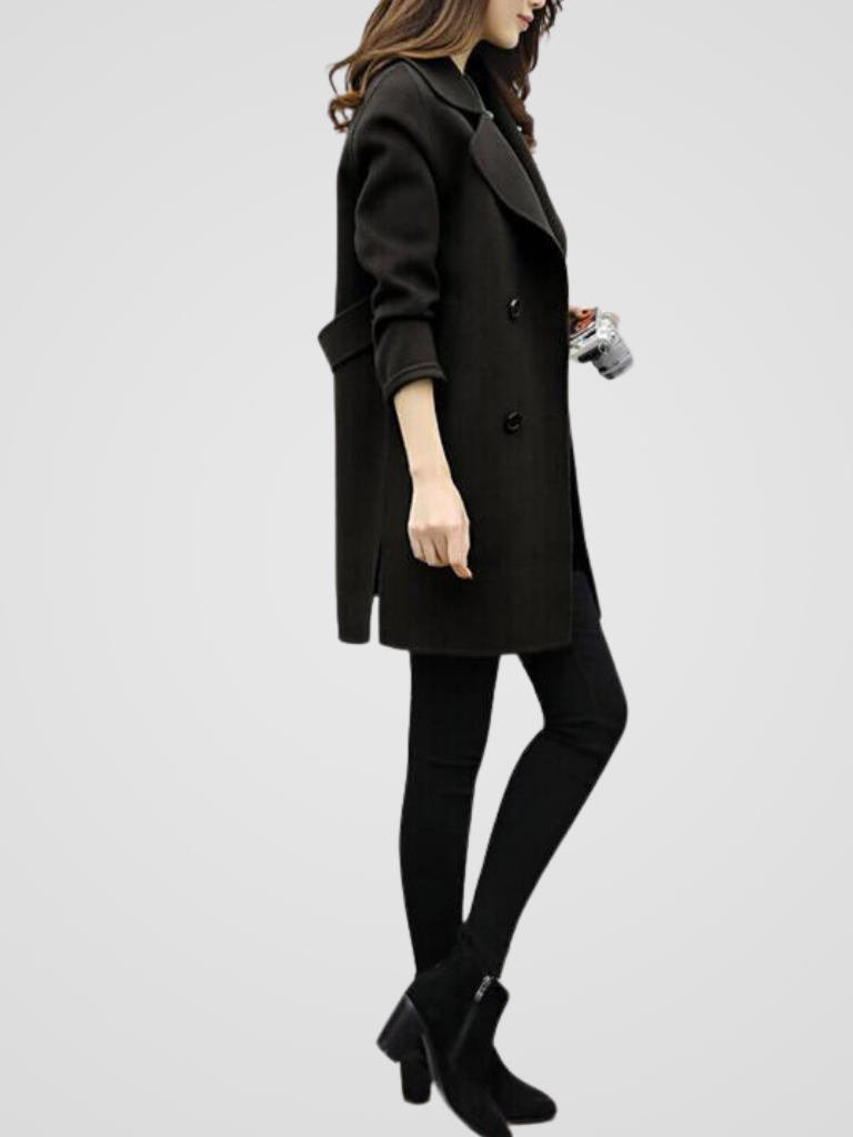 Sorvienne Tailored Double Breasted Midi Coat in Black