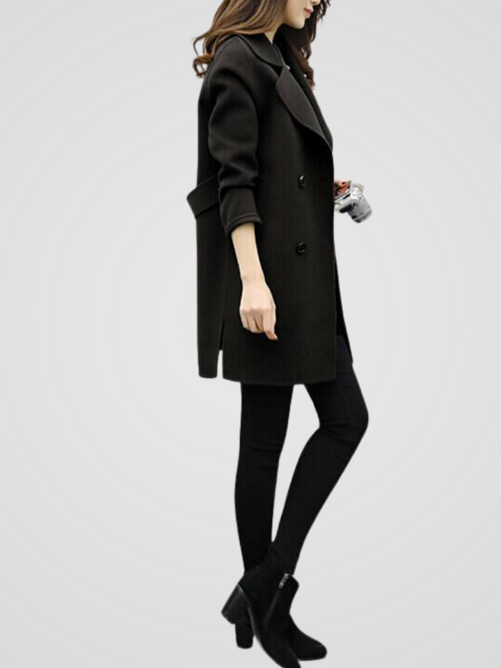 Sorvienne Tailored Double Breasted Midi Coat in Black