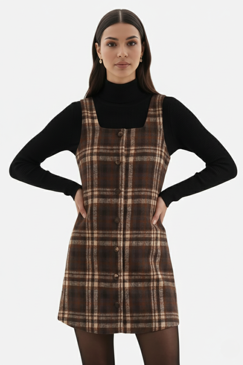Pinafore Dress Square Neck Checked Print with Button Front Shift Style - Siopie