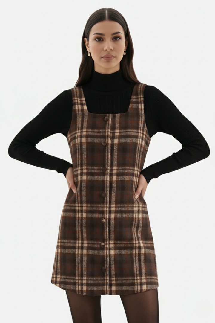 Pinafore Dress Square Neck Checked Print with Button Front Shift Style - Siopie
