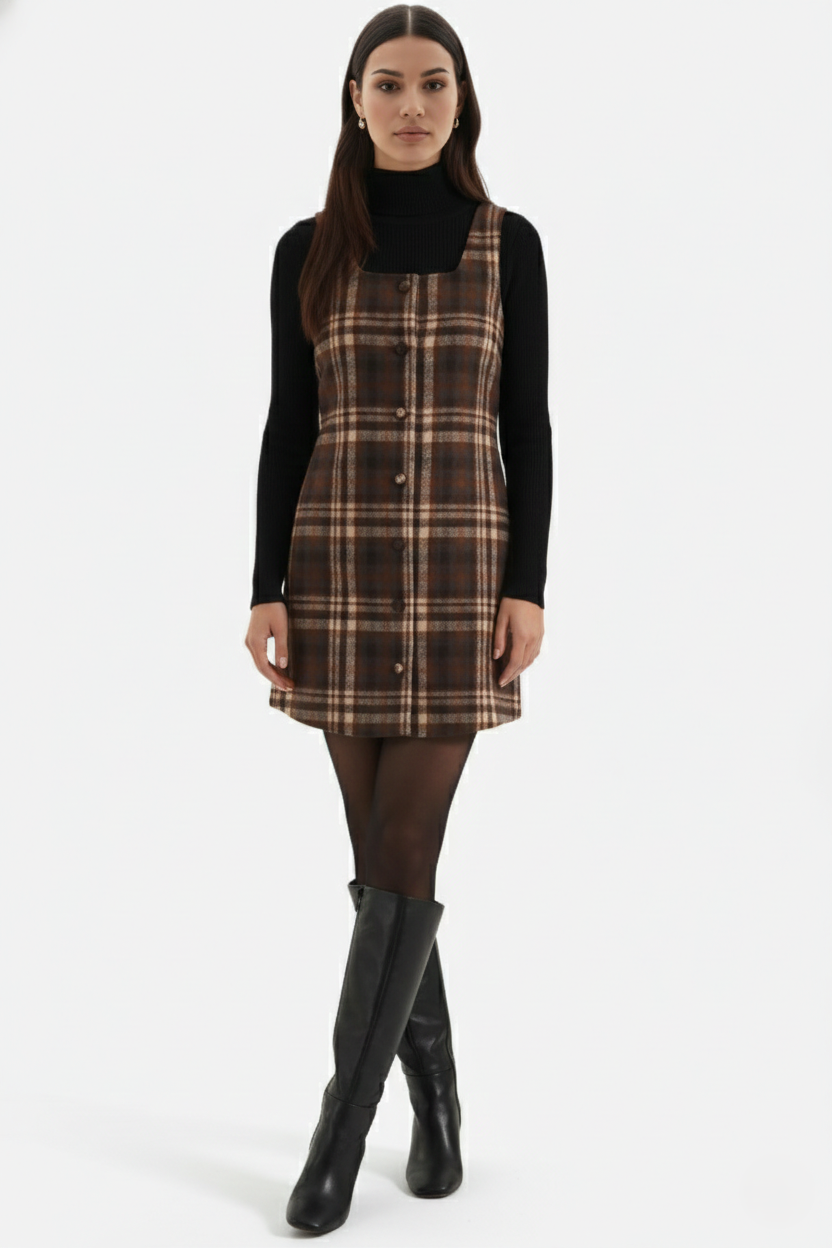 Pinafore Dress Square Neck Checked Print with Button Front Shift Style - Siopie