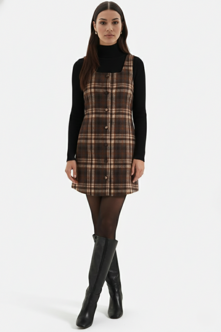 Pinafore Dress Square Neck Checked Print with Button Front Shift Style - Siopie