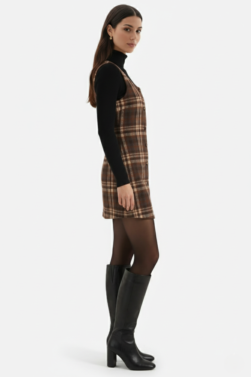 Pinafore Dress Square Neck Checked Print with Button Front Shift Style - Siopie