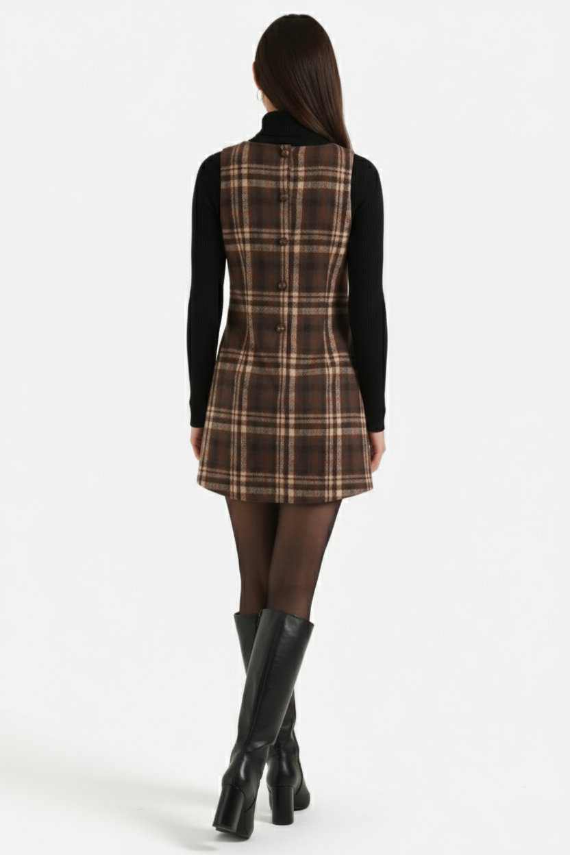 Pinafore Dress Square Neck Checked Print with Button Front Shift Style - Siopie