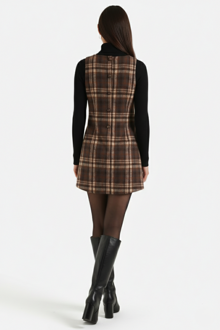 Pinafore Dress Square Neck Checked Print with Button Front Shift Style - Siopie
