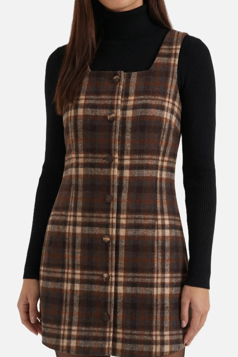 Pinafore Dress Square Neck Checked Print with Button Front Shift Style - Siopie