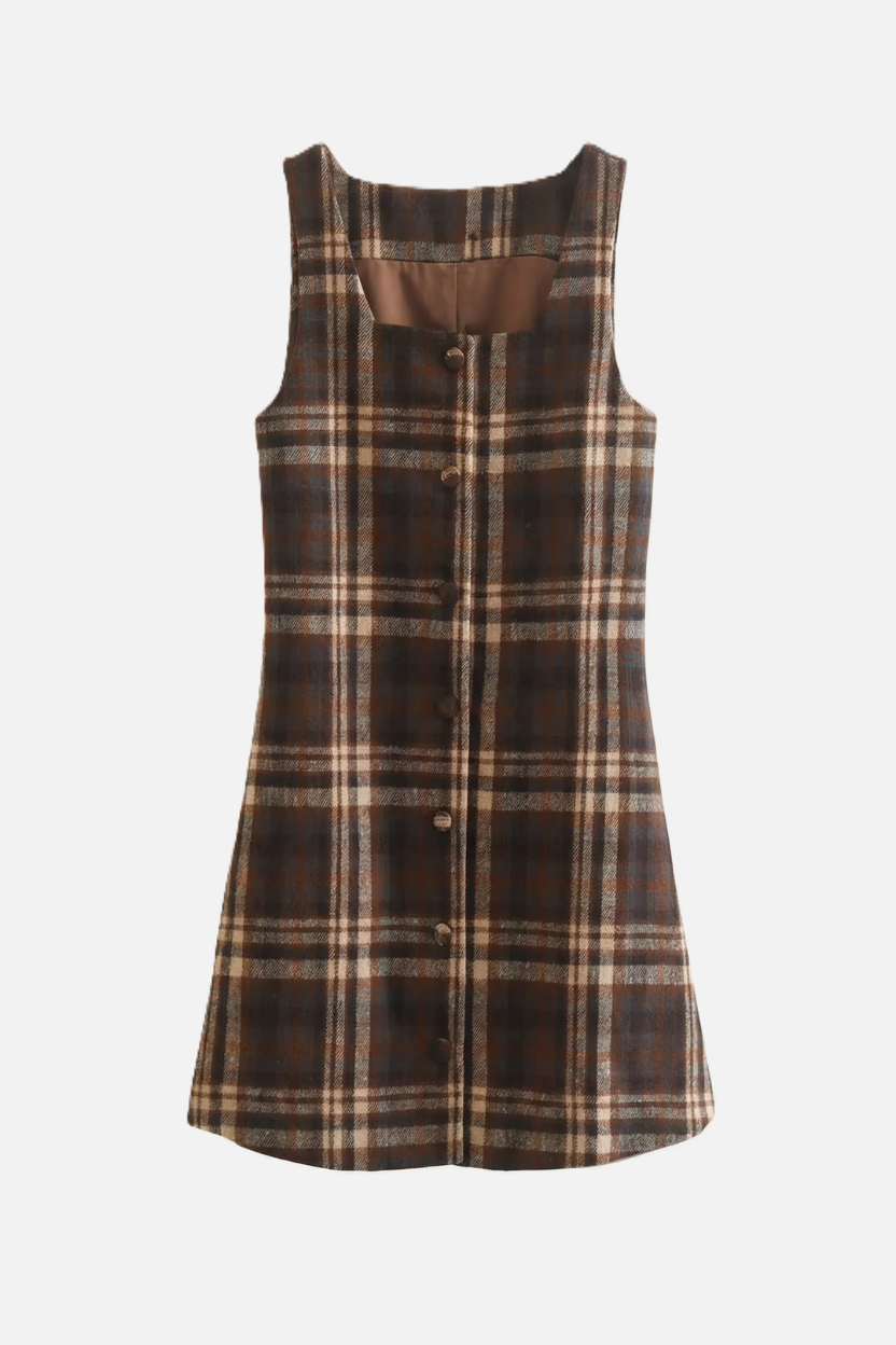 Pinafore Dress Square Neck Checked Print with Button Front Shift Style - Siopie