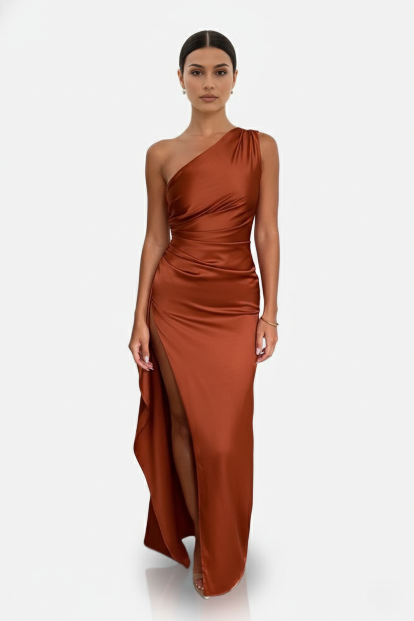 Satin One-Shoulder Maxi Dress High Side Slit - Siopie